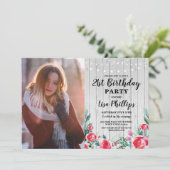 Foto Rustiek 21e verjaardagsfeest rood bloemenhout Kaart (Staand voorkant)