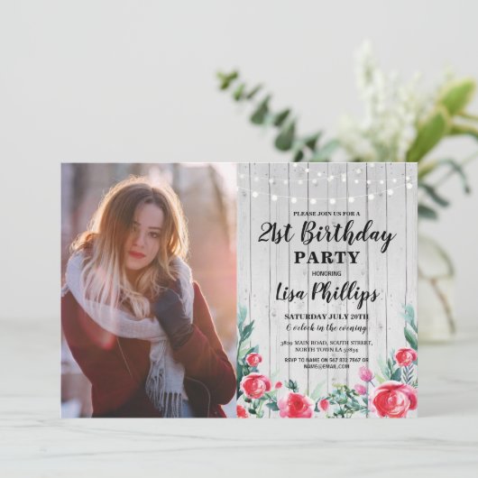 Foto Rustiek 21e verjaardagsfeest rood bloemenhout Kaart (Staand voorkant)