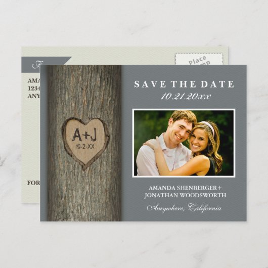 Foto Rustiek gesneden eikenboom Bewaar de datumkaa Aankondigingskaart (Voorkant / Achterkant)