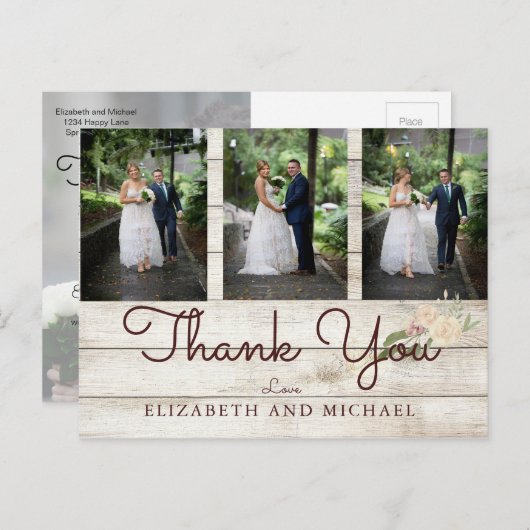 Foto Rustiek Hout Bloemen Bruiloft Modern Dank u Briefkaart (Voorkant / Achterkant)