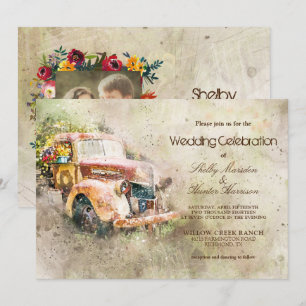 Foto  rustieke oude truck trendy bruiloft kaart