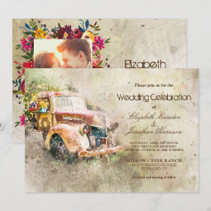 Foto rustieke oude truck trendy bruiloft kaart