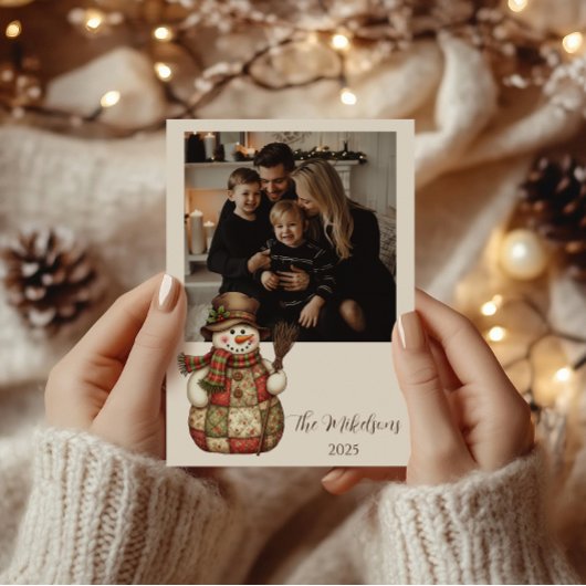 Foto Rustieke Patchwork Sneeuwman Kerstmis Feestdagenkaart