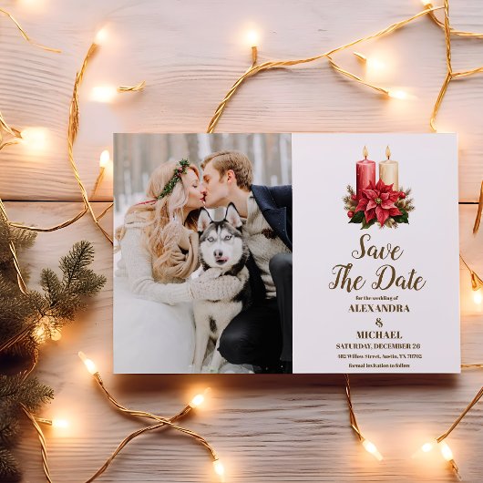 Foto Rustieke Poinsettia Bloemen Kerstbruiloft Save The Date