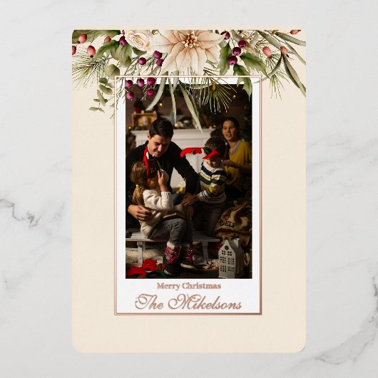 Foto Rustieke Waterverf Botanische Kerst Folie Feestdagenkaart (Voorkant)