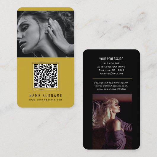 foto ' s qr code scannable barcode modern geel visitekaartje (Voorkant / Achterkant)