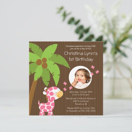 Foto: Safari Oerwoud Giraffe Kind Birthday Party Kaart (Staand voorkant)