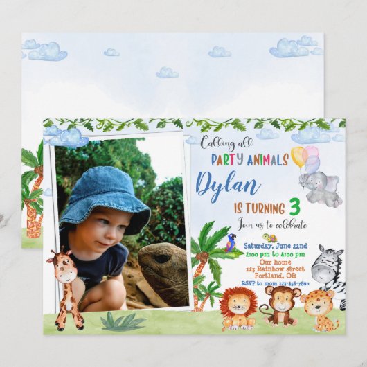 Foto Safari verjaardagsuitnodiging Oerwoud dier 1s Kaart (Voorkant / Achterkant)