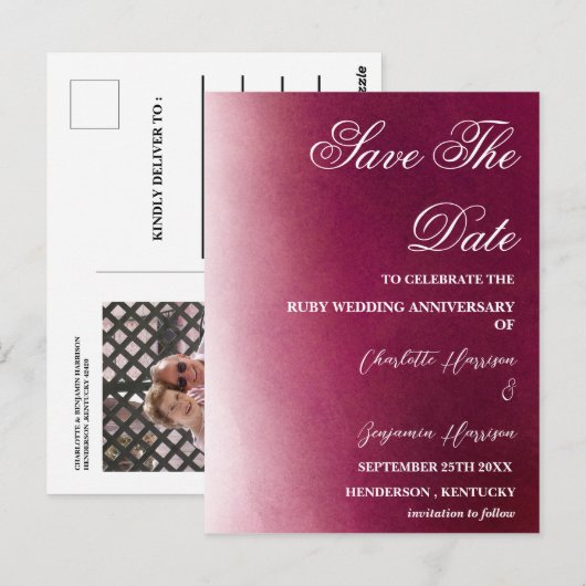Foto Save the Date 40th Ruby Wedding Jubileum Briefkaart (Voorkant / Achterkant)