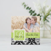 Foto Save the Date Black Damask Initiaal Green Kaart (Staand voorkant)