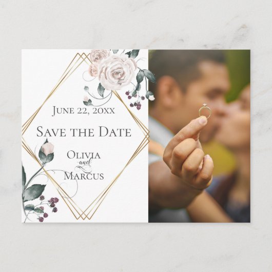 Foto Save the Date Bleek Blush Roos Waterverf Briefkaart (Voorkant)