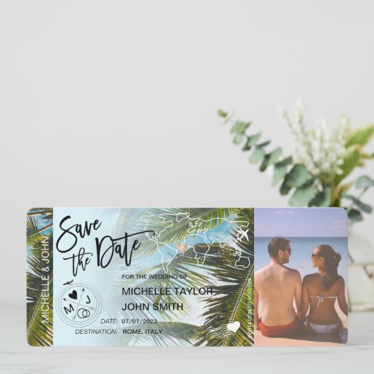 Foto Save the Date Boarding Pass Palm Uitnodiging (Staand voorkant)