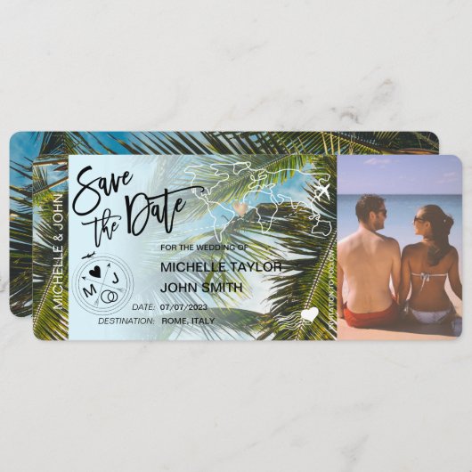 Foto Save the Date Boarding Pass Palm Uitnodiging (Voorkant / Achterkant)