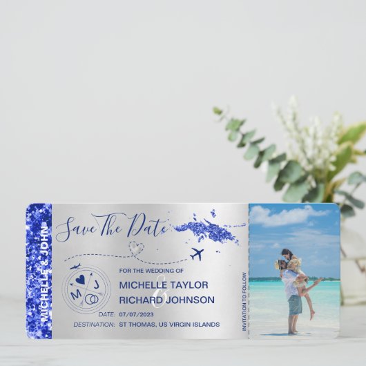 Foto Save the Date Boarding Pass St Thomas Kaart (Staand voorkant)