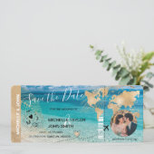 Foto Save the Date Boarding Pass Wereldkaart Beach Kaart (Staand voorkant)