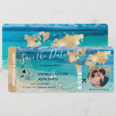Foto Save the Date Boarding Pass Wereldkaart Beach Kaart (Voorkant / Achterkant)