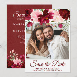 Foto Save the Date Card Burgundy Pink Floral Kaart