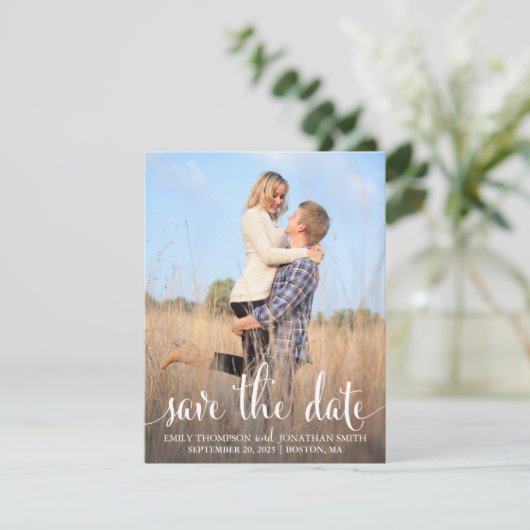 Foto Save the Date Cards, White Rustic Script (Staand voorkant)
