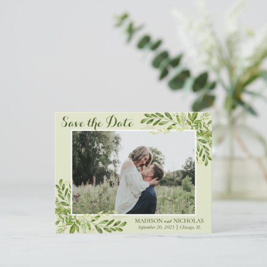 Foto Save the Date Cards with Botanical Greenery (Staand voorkant)