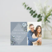 Foto Save the Date Dusty Blue Floral Silver Briefkaart (Staand voorkant)