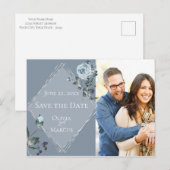 Foto Save the Date Dusty Blue Floral Silver Briefkaart (Voorkant / Achterkant)