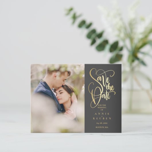 Foto Save the Date Elegante Gouden Schrift Aankondigingskaart (Staand voorkant)