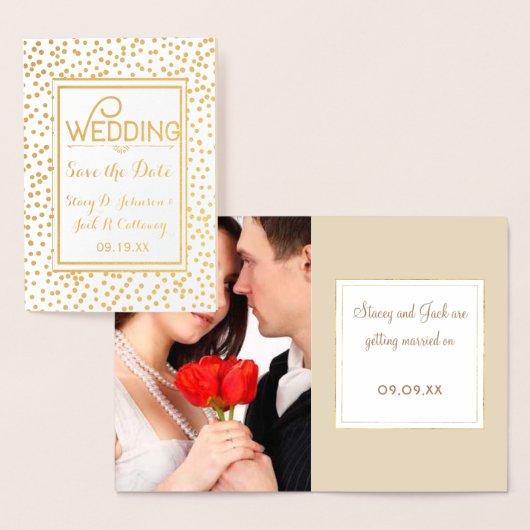 Foto Save the Date Gold Confetti Typography Folie Kaarten (Display)