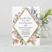 Foto Save the Date Gold Glitter Romantic Floral Kaart (Staand voorkant)