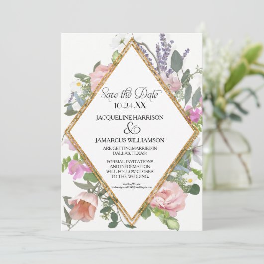 Foto Save the Date Gold Glitter Romantic Floral Kaart (Staand voorkant)