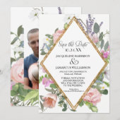 Foto Save the Date Gold Glitter Romantic Floral Kaart (Voorkant / Achterkant)