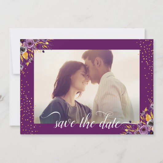 Foto Save the Date Gold Paars Floral Script (Achterkant)