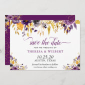 Foto Save the Date Gold Paars Floral Script (Voorkant / Achterkant)