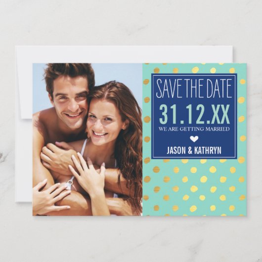 FOTO SAVE THE DATE goud folie polka stip navy mint Kaart (Voorkant)