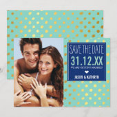 FOTO SAVE THE DATE goud folie polka stip navy mint Kaart (Voorkant / Achterkant)