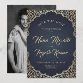 Foto Save The Date, Indiase bruiloft, blauw en gou Date (Voorkant / Achterkant)