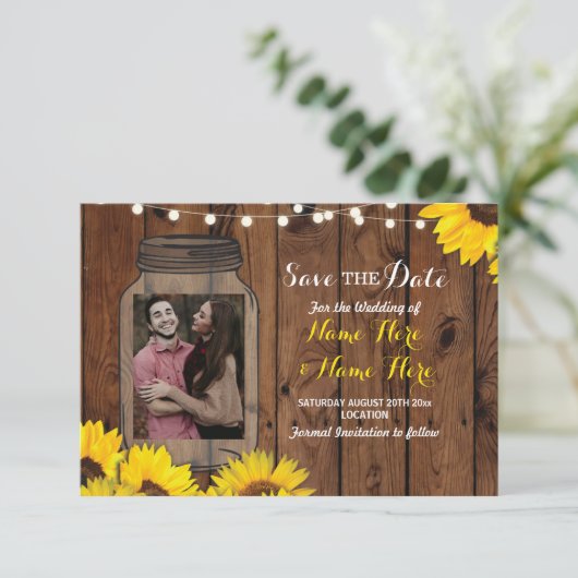 Foto Save the Date Jar Wood Sunflower Uitnodiging (Staand voorkant)