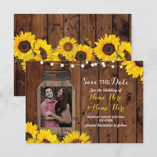 Foto Save the Date Jar Wood Sunflower Uitnodiging (Voorkant / Achterkant)