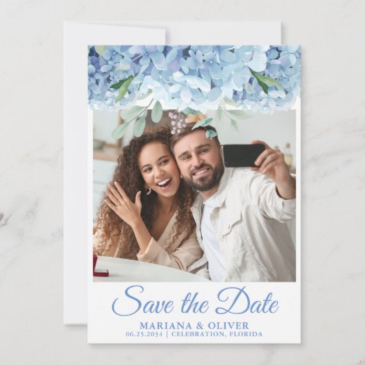 Foto Save the Date Kaart Blauwe Hortensia's Bloemm (Voorkant)