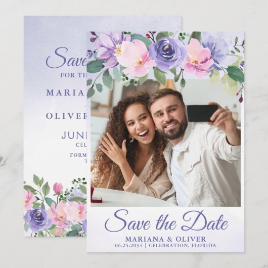 Foto Save the Date Kaart Moderne Roze Bloemen (Voorkant / Achterkant)