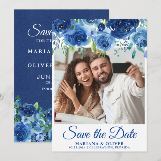 Foto Save the Date Kaart Navy Blauwe Bloemen (Voorkant / Achterkant)