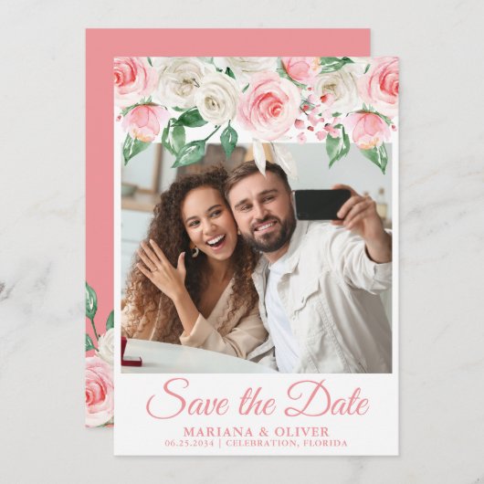 Foto Save the Date Kaart Peach Floral (Voorkant / Achterkant)