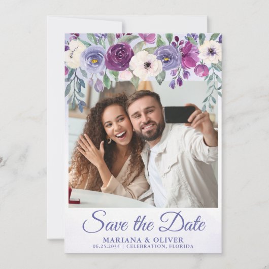 Foto Save the Date Kaart Periwinkle Fuchsia Bloem (Voorkant)