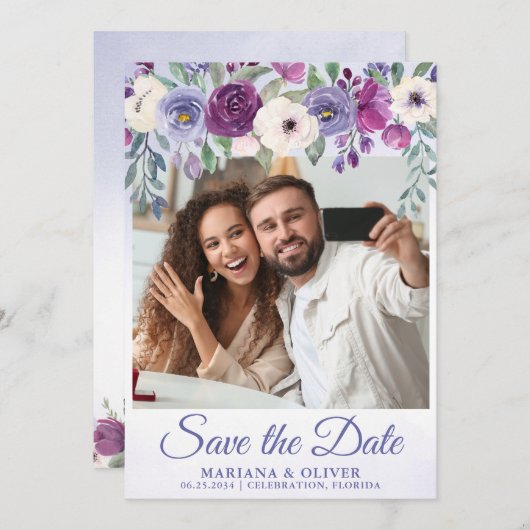 Foto Save the Date Kaart Periwinkle Fuchsia Bloem (Voorkant / Achterkant)