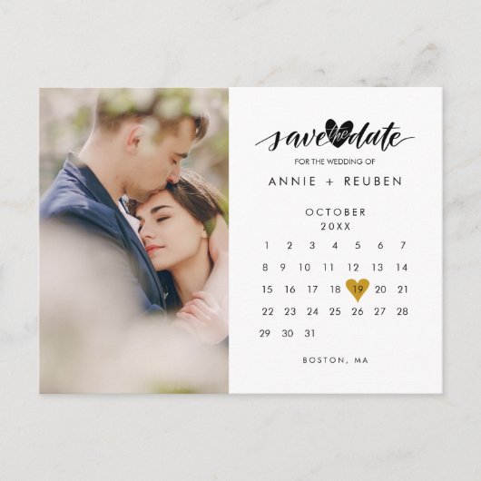 Foto Save the Date Kalender Goud Hart Liefde Briefkaart (Voorkant)