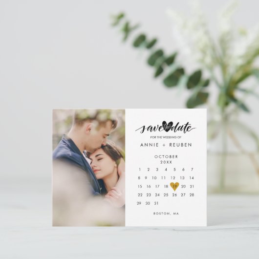 Foto Save the Date Kalender Goud Hart Liefde Briefkaart (Staand voorkant)