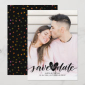 Foto Save the Date Liefde Hart Confetti Script Kaart (Voorkant / Achterkant)