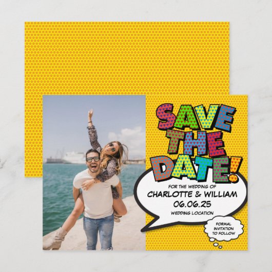 Foto Save the Date Modern Fun Strips Aankondigingskaart (Voorkant / Achterkant)