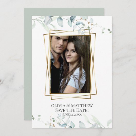 FOTO SAVE THE DATE |  Moderne Elegante Eucalyptus  Kaart (Voorkant / Achterkant)