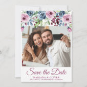 Foto Save the Date Navy Blauwe Bourgondiër Bloem Kaart (Voorkant)