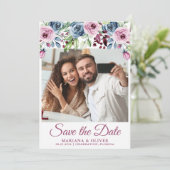 Foto Save the Date Navy Blauwe Bourgondiër Bloem Kaart (Staand voorkant)